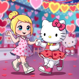 A charming Sanrio girl with a blonde bun and bright blue eyes, donning trendy Chuck Taylors and a delightful Valentine's dress decorated with heart patterns