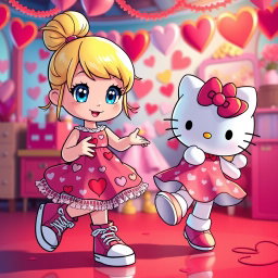 A charming Sanrio girl with a blonde bun and bright blue eyes, donning trendy Chuck Taylors and a delightful Valentine's dress decorated with heart patterns