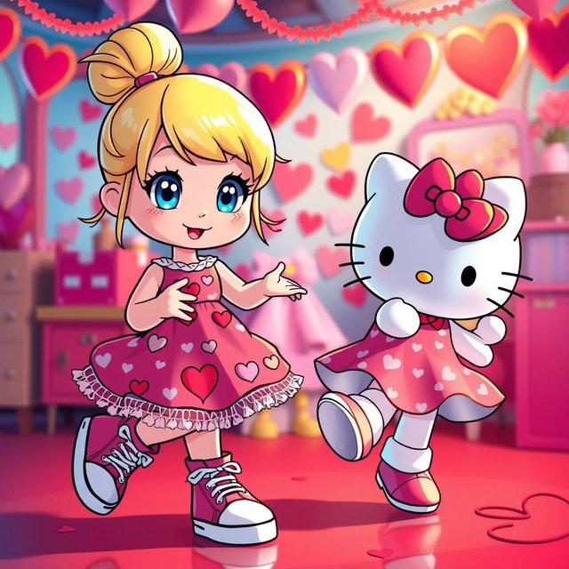 A charming Sanrio girl with a blonde bun and bright blue eyes, donning trendy Chuck Taylors and a delightful Valentine's dress decorated with heart patterns