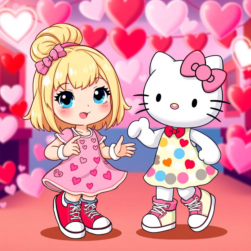 A charming Sanrio girl with a blonde bun and bright blue eyes, donning trendy Chuck Taylors and a delightful Valentine's dress decorated with heart patterns