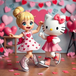 A delightful Sanrio girl with a blonde bun and bright blue eyes, dressed in trendy Chuck Taylors and a charming Valentine's dress adorned with hearts