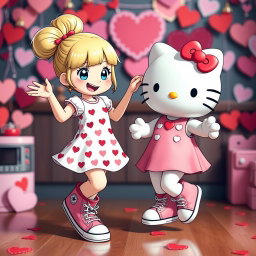 A delightful Sanrio girl with a blonde bun and bright blue eyes, dressed in trendy Chuck Taylors and a charming Valentine's dress adorned with hearts