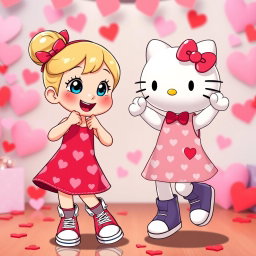 A delightful Sanrio girl with a blonde bun and bright blue eyes, dressed in trendy Chuck Taylors and a charming Valentine's dress adorned with hearts