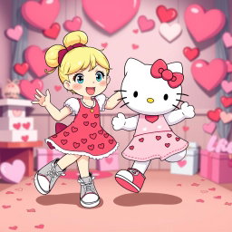 A delightful Sanrio girl with a blonde bun and bright blue eyes, dressed in trendy Chuck Taylors and a charming Valentine's dress adorned with hearts