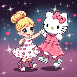 A delightful Sanrio girl with a blonde bun and sparkling blue eyes, dressed in stylish Chuck Taylors and a beautiful Valentine's dress embellished with hearts