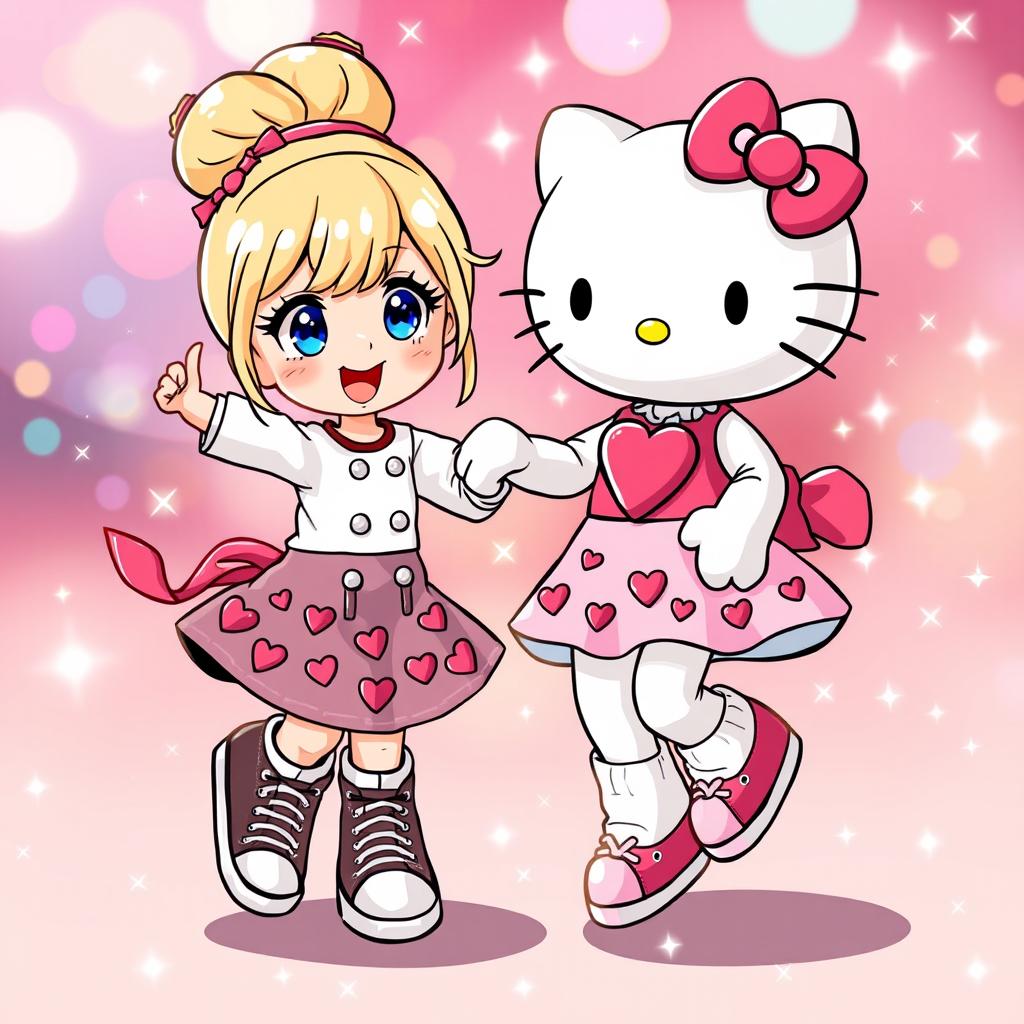 A delightful Sanrio girl with a blonde bun and sparkling blue eyes, dressed in stylish Chuck Taylors and a beautiful Valentine's dress embellished with hearts