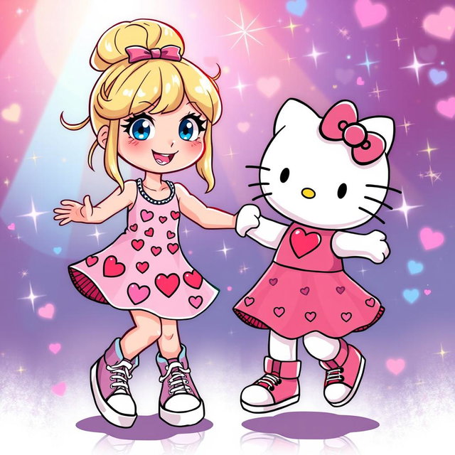 A delightful Sanrio girl with a blonde bun and sparkling blue eyes, dressed in stylish Chuck Taylors and a beautiful Valentine's dress embellished with hearts