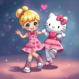 A delightful Sanrio girl with a blonde bun and sparkling blue eyes, dressed in stylish Chuck Taylors and a beautiful Valentine's dress embellished with hearts