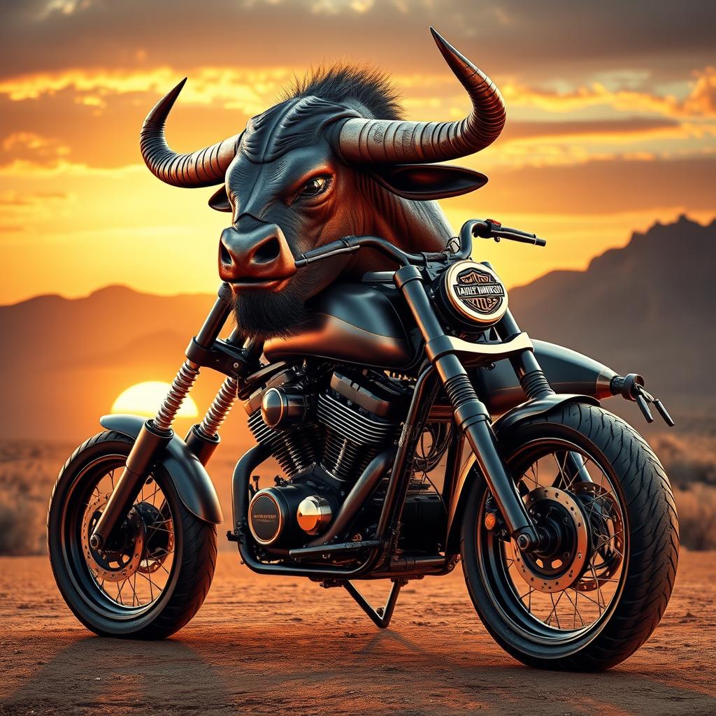 A hybrid motorcycle and bull creature, featuring a Harley Davidson motorcycle with bull-like features