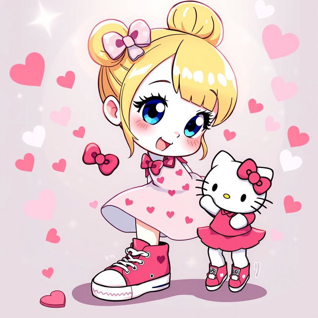 A delightful Sanrio girl character featuring blonde hair styled in a cute bun, sparkling blue eyes, wearing trendy Chuck Taylor sneakers and a charming Valentine's-themed dress