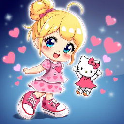 A delightful Sanrio girl character featuring blonde hair styled in a cute bun, sparkling blue eyes, wearing trendy Chuck Taylor sneakers and a charming Valentine's-themed dress