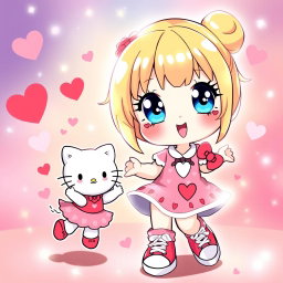 A delightful Sanrio girl character featuring blonde hair styled in a cute bun, sparkling blue eyes, wearing trendy Chuck Taylor sneakers and a charming Valentine's-themed dress