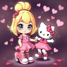 A delightful Sanrio girl character featuring blonde hair styled in a cute bun, sparkling blue eyes, wearing trendy Chuck Taylor sneakers and a charming Valentine's-themed dress
