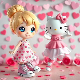 A delightful scene featuring a Sanrio-inspired blonde girl with a bun and striking blue eyes