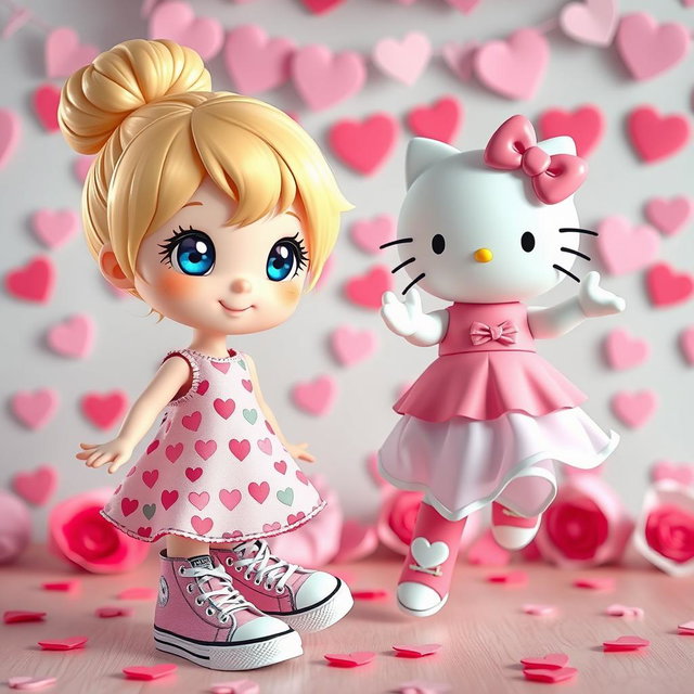 A delightful scene featuring a Sanrio-inspired blonde girl with a bun and striking blue eyes