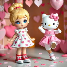 A delightful scene featuring a Sanrio-inspired blonde girl with a bun and striking blue eyes
