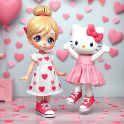 A delightful scene featuring a Sanrio-inspired blonde girl with a bun and striking blue eyes