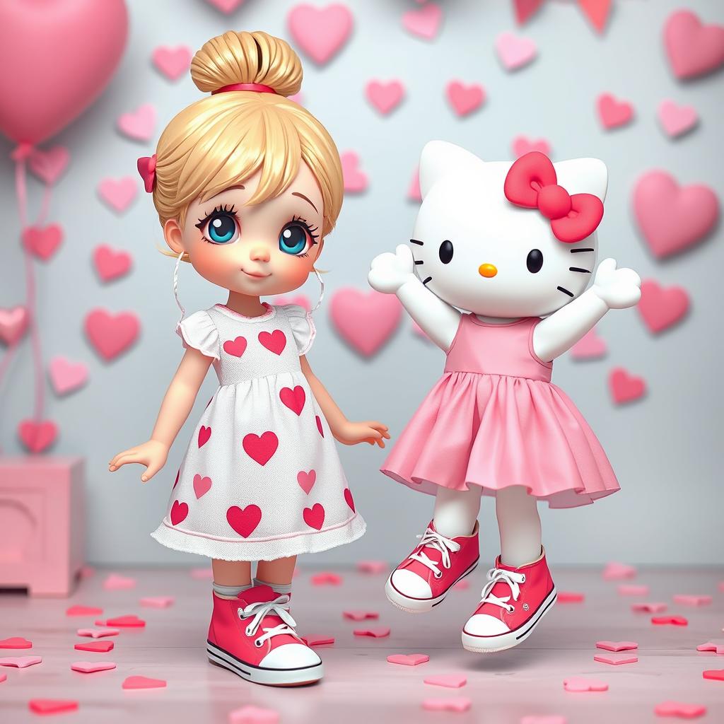 A delightful scene featuring a Sanrio-inspired blonde girl with a bun and striking blue eyes