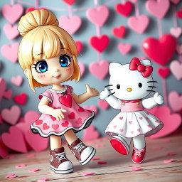 A delightful scene featuring a Sanrio-inspired blonde girl with a bun and striking blue eyes