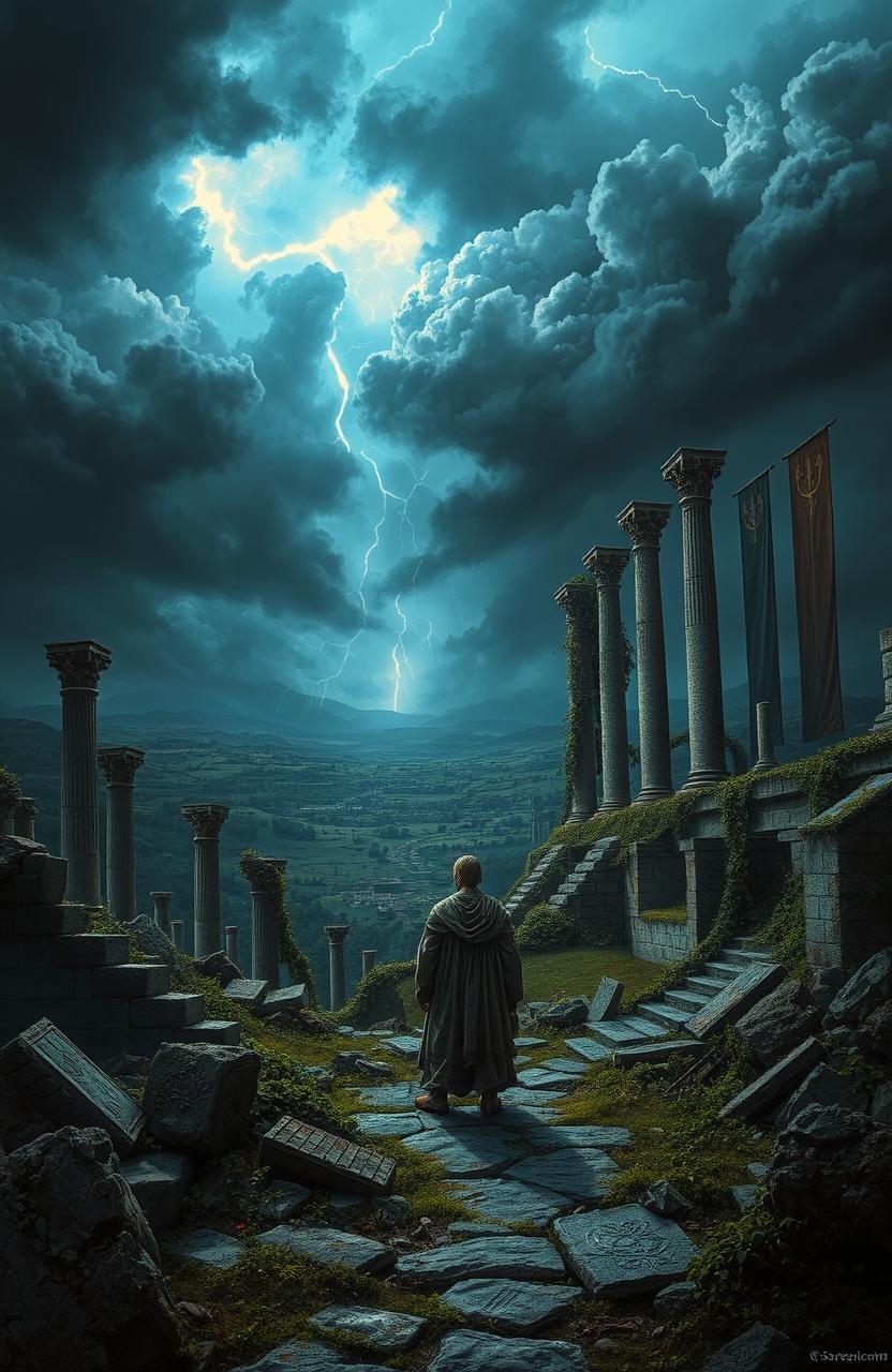 A striking and dramatic representation of a shattered empire, featuring crumbling ancient architecture with overgrown vines and ruins, a desolate landscape under a stormy sky