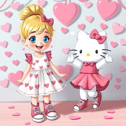 A joyful depiction of a Sanrio-inspired blonde girl with a stylish bun and bright blue eyes