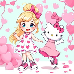 A joyful depiction of a Sanrio-inspired blonde girl with a stylish bun and bright blue eyes