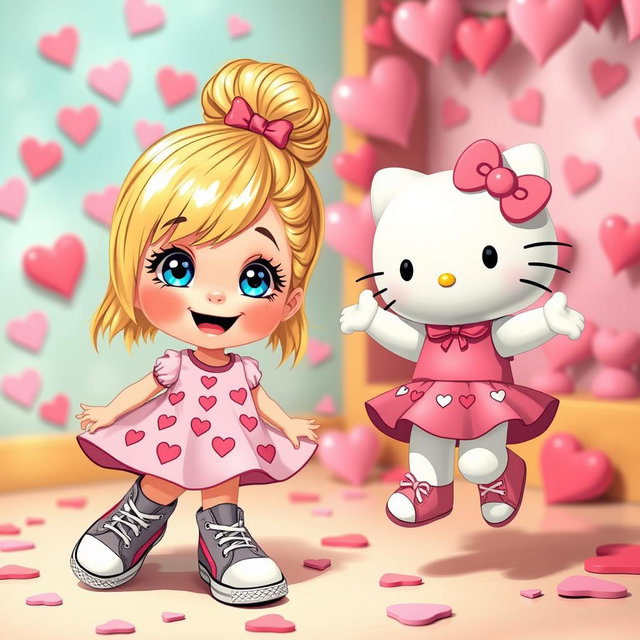 A joyful depiction of a Sanrio-inspired blonde girl with a stylish bun and bright blue eyes