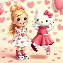 A joyful depiction of a Sanrio-inspired blonde girl with a stylish bun and bright blue eyes