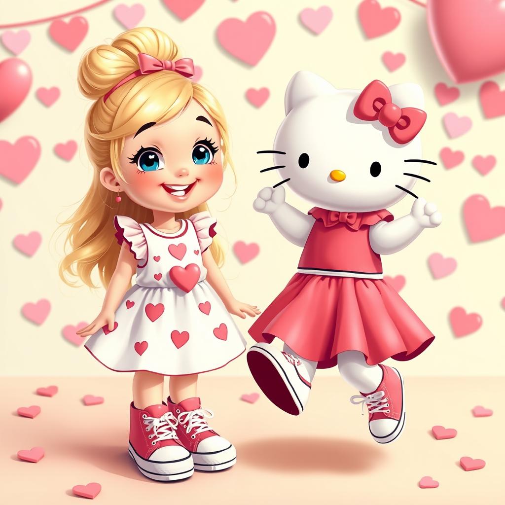 A joyful depiction of a Sanrio-inspired blonde girl with a stylish bun and bright blue eyes