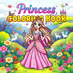 A whimsical and enchanting coloring book cover featuring a beautiful princess in a flowing gown adorned with sparkling jewels, standing in a vibrant, enchanted forest filled with colorful flowers and magical creatures like fairies and unicorns