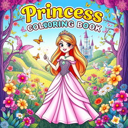 A whimsical and enchanting coloring book cover featuring a beautiful princess in a flowing gown adorned with sparkling jewels, standing in a vibrant, enchanted forest filled with colorful flowers and magical creatures like fairies and unicorns