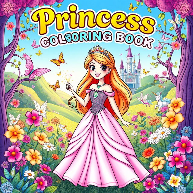 A whimsical and enchanting coloring book cover featuring a beautiful princess in a flowing gown adorned with sparkling jewels, standing in a vibrant, enchanted forest filled with colorful flowers and magical creatures like fairies and unicorns