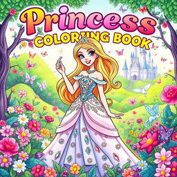 A whimsical and enchanting coloring book cover featuring a beautiful princess in a flowing gown adorned with sparkling jewels, standing in a vibrant, enchanted forest filled with colorful flowers and magical creatures like fairies and unicorns