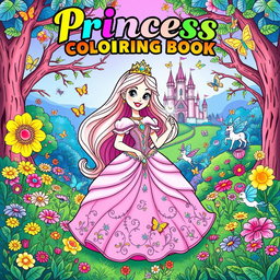 A whimsical and enchanting coloring book cover featuring a beautiful princess in a flowing gown adorned with sparkling jewels, standing in a vibrant, enchanted forest filled with colorful flowers and magical creatures like fairies and unicorns