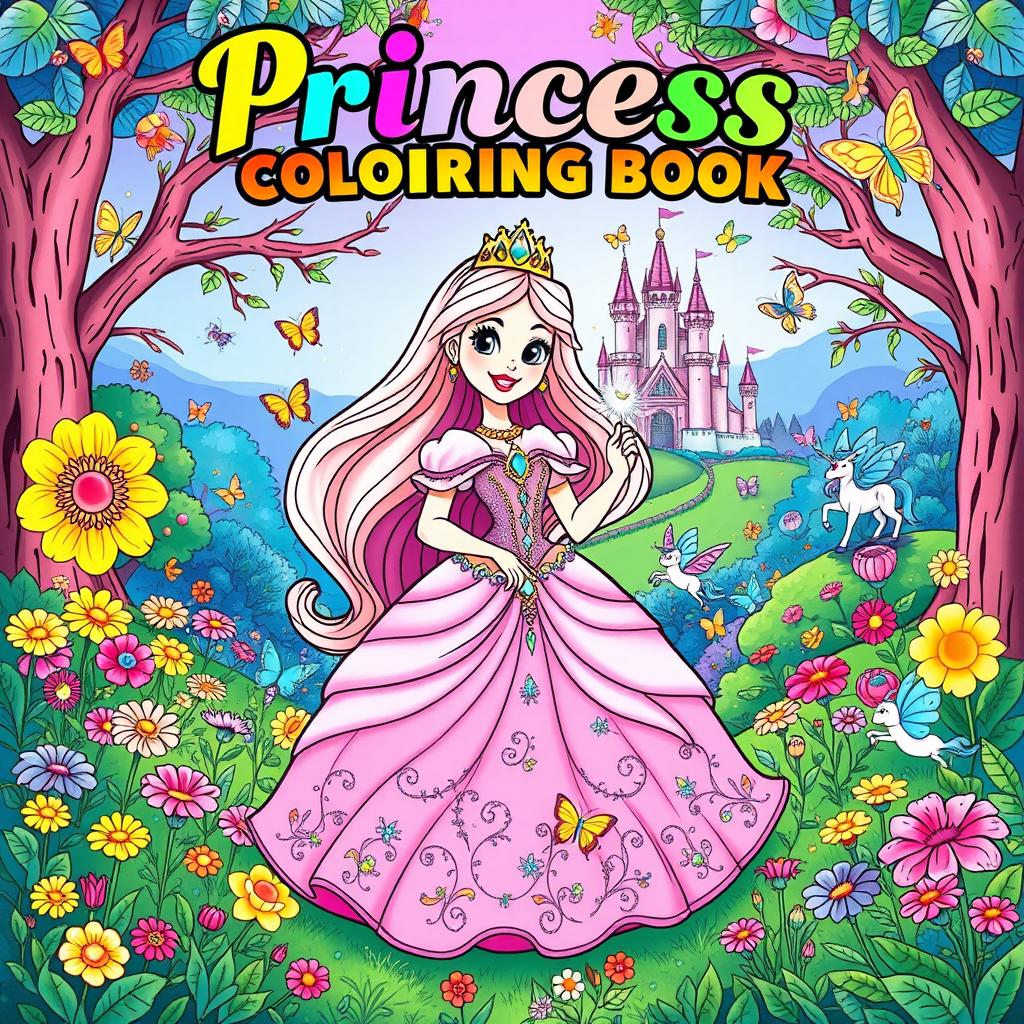 A whimsical and enchanting coloring book cover featuring a beautiful princess in a flowing gown adorned with sparkling jewels, standing in a vibrant, enchanted forest filled with colorful flowers and magical creatures like fairies and unicorns