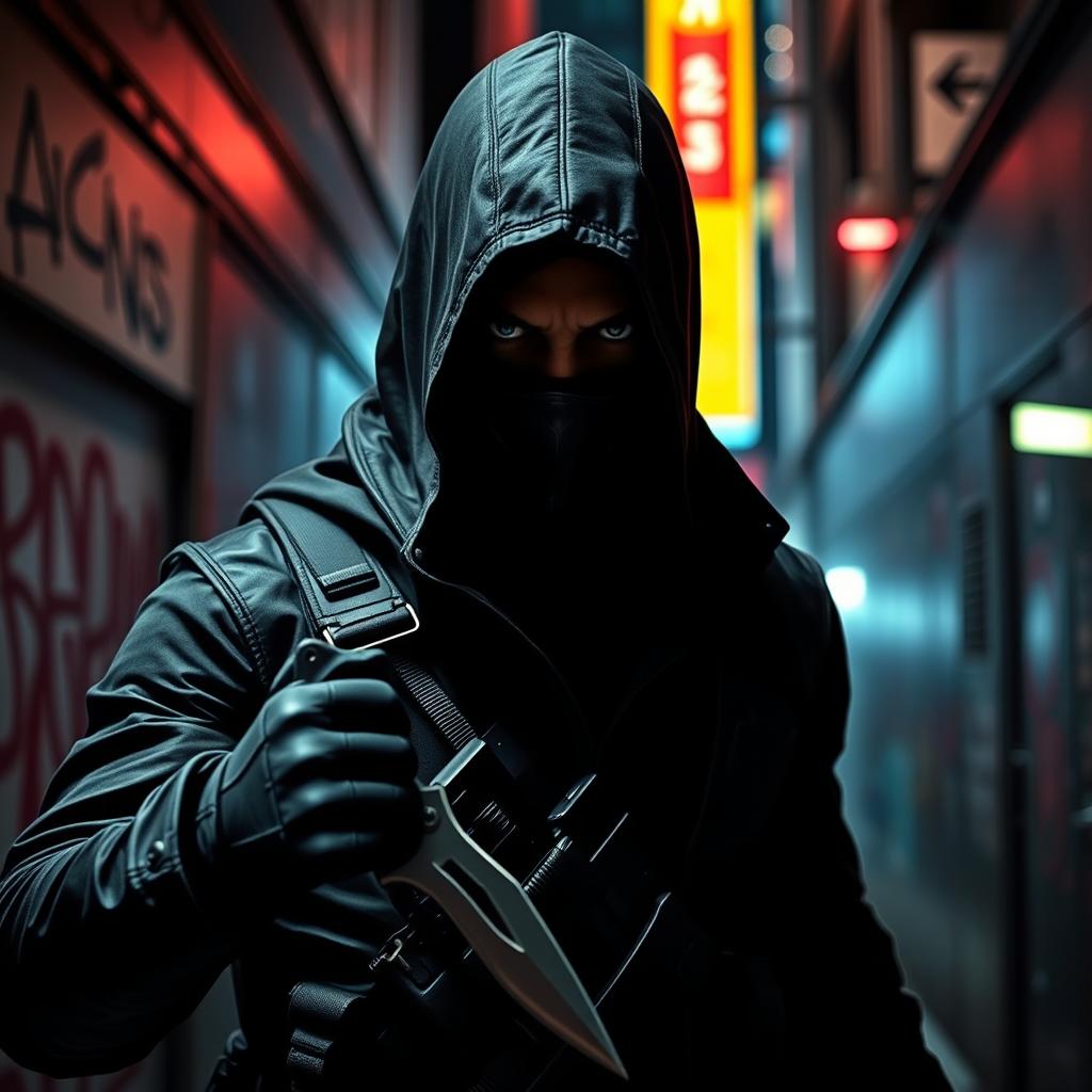 A mysterious assassin clad in a sleek, dark tactical outfit, stealthily moving through an urban nighttime scene