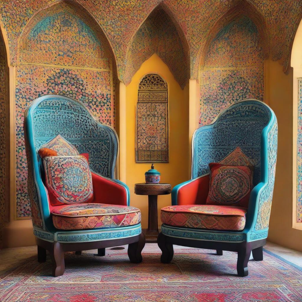 Two chairs, masterfully designed, against the backdrop of modern Islamic decor, accented with vivid colors and intricate geometric patterns.