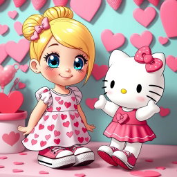 A vibrant scene featuring a Sanrio-inspired blonde girl with a stylish bun and sparkling blue eyes