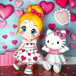 A vibrant scene featuring a Sanrio-inspired blonde girl with a stylish bun and sparkling blue eyes