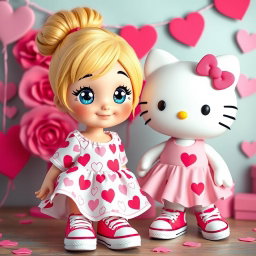 A vibrant scene featuring a Sanrio-inspired blonde girl with a stylish bun and sparkling blue eyes
