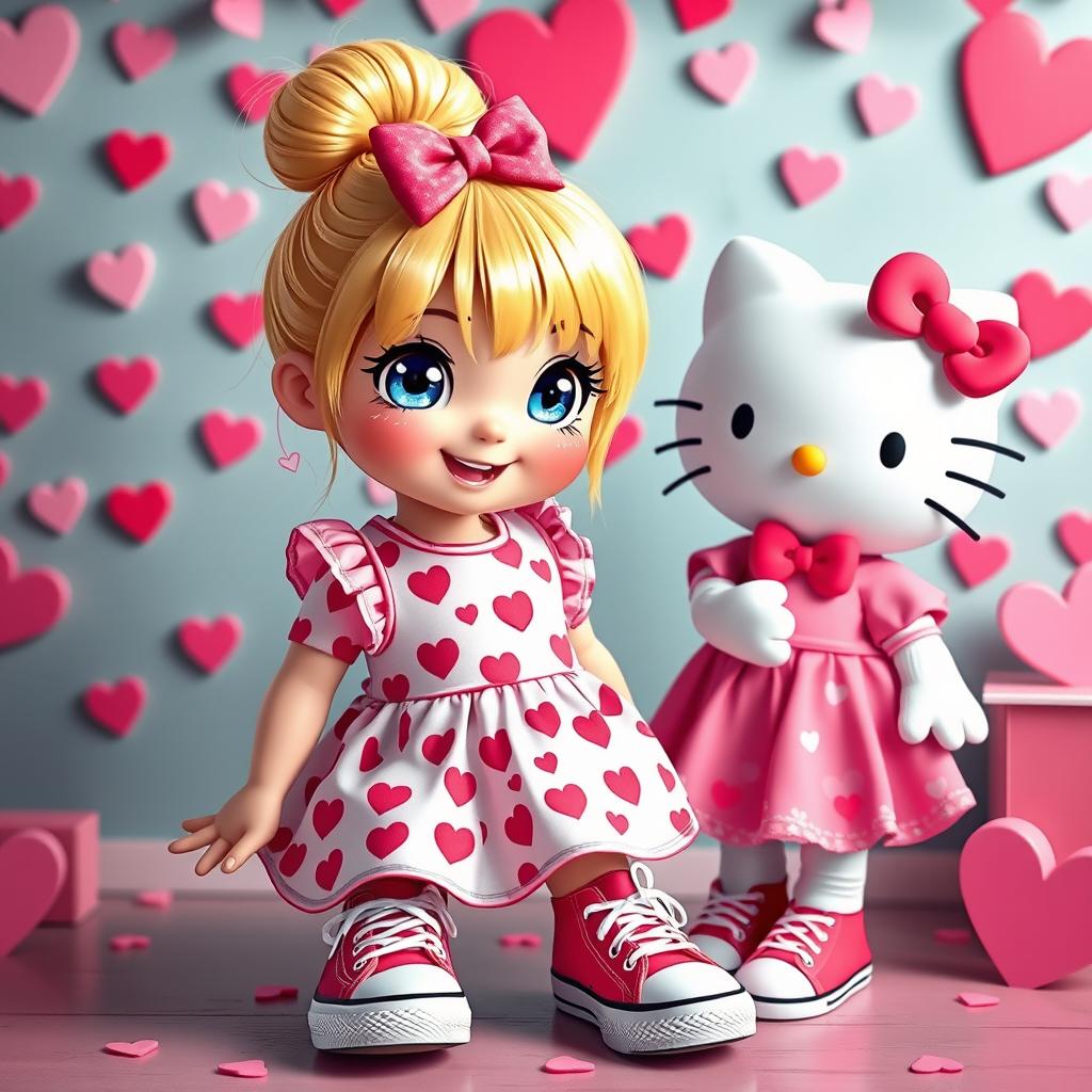 A vibrant scene featuring a Sanrio-inspired blonde girl with a stylish bun and sparkling blue eyes