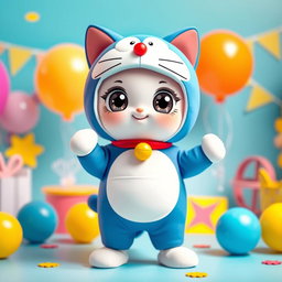 A cute cat-like character wearing a colorful Doraemon costume, complete with a blue body, a white face, and a red collar