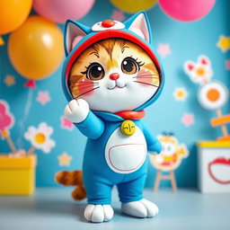 A cute cat-like character wearing a colorful Doraemon costume, complete with a blue body, a white face, and a red collar