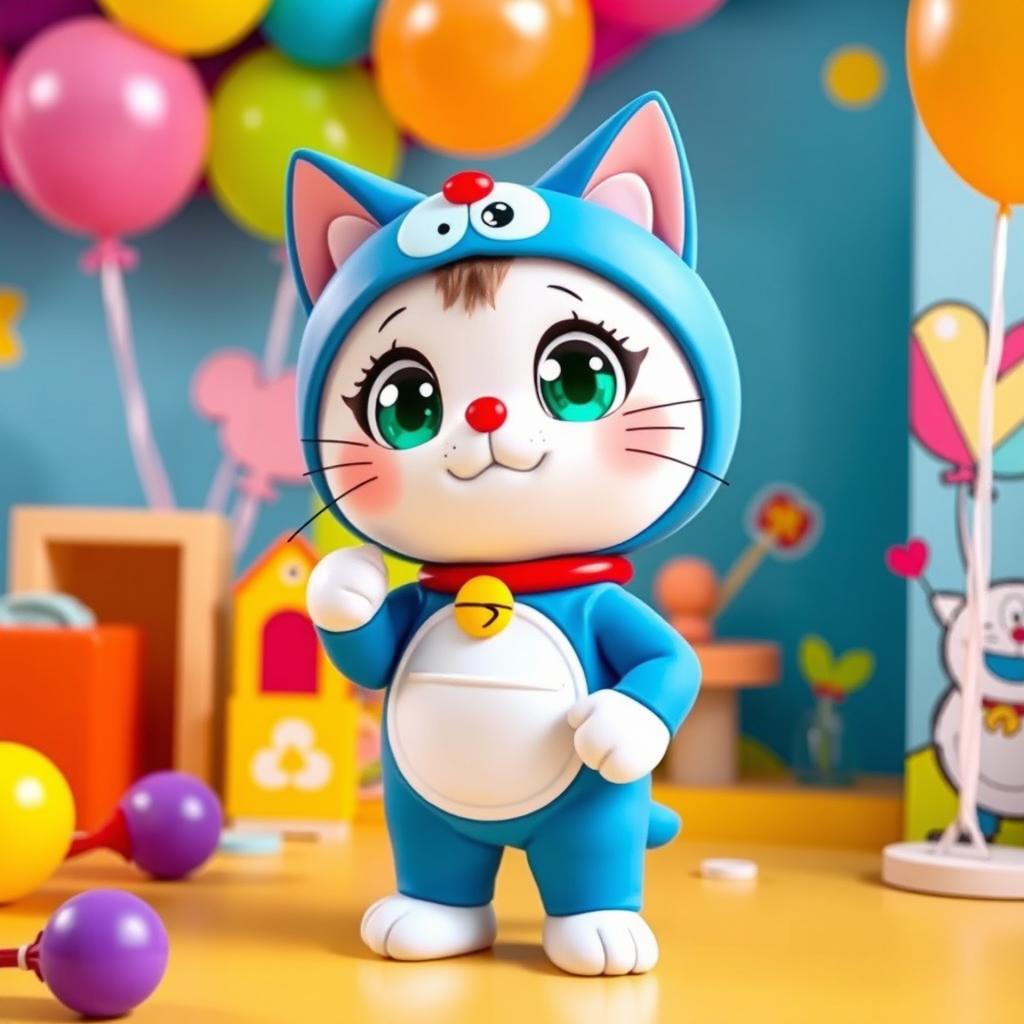 A cute cat-like character wearing a colorful Doraemon costume, complete with a blue body, a white face, and a red collar