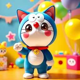 A cute cat-like character wearing a colorful Doraemon costume, complete with a blue body, a white face, and a red collar