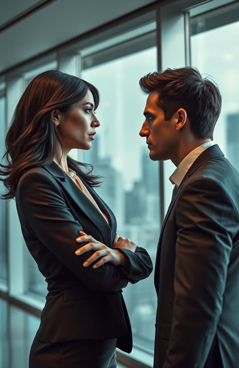 A dramatic scene depicting two business rivals in a sleek, modern office setting