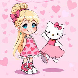 A cheerful illustration of a Sanrio-inspired blonde girl with a stylish bun and sparkling blue eyes