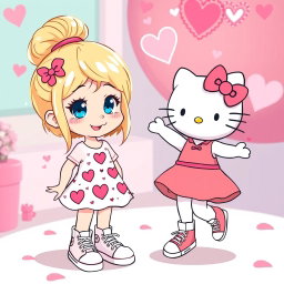 A cheerful illustration of a Sanrio-inspired blonde girl with a stylish bun and sparkling blue eyes