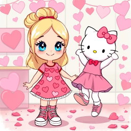 A cheerful illustration of a Sanrio-inspired blonde girl with a stylish bun and sparkling blue eyes