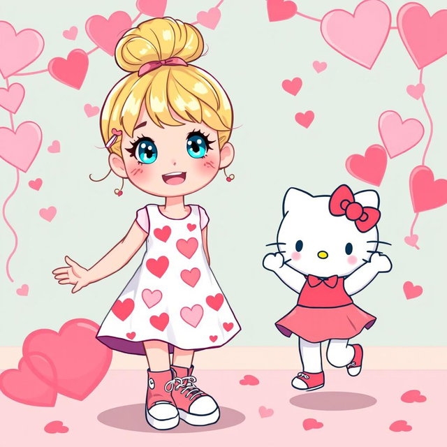 A cheerful illustration of a Sanrio-inspired blonde girl with a stylish bun and sparkling blue eyes